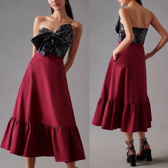 Anthropologie Hutch Bow-Tie Tiered Maxi Dress Burgundy & Black sequin Sz 8 - Picture 2 of 9